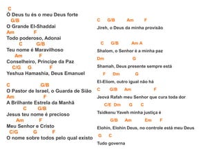 C
Ó Deus tu és o meu Deus forte
G/B
O Grande El-Shaddai
Am F
Todo poderoso, Adonai
C G/B
Teu nome é Maravilhoso
Am F
Conselheiro, Príncipe da Paz
C/G G F
Yeshua Hamashia, Deus Emanuel
C G/B
O Pastor de Israel, o Guarda de Sião
Am F
A Brilhante Estrela da Manhã
C G/B
Jesus teu nome é precioso
Am F
Meu Senhor e Cristo
C/G G F
O nome sobre todos pelo qual existo
C G/B Am F
Jireh, o Deus da minha provisão
C G/B Am A
Shalom, o Senhor é a minha paz
Dm G
Shamah, Deus presente sempre está
F Dm G
El-Eliom, outro igual não há
C G/B Am F
Jeová Rafah meu Senhor que cura toda dor
C/E Dm G C
Tsidkenu Yaveh minha justiça é
G/B Am Em F
Elohin, Elohin Deus, no controle está meu Deus
G C
Tudo governa
 