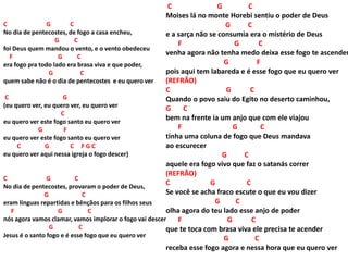 C G C
No dia de pentecostes, de fogo a casa encheu,
G C
foi Deus quem mandou o vento, e o vento obedeceu
F G C
era fogo pra todo lado era brasa viva e que poder,
G C
quem sabe não é o dia de pentecostes e eu quero ver
C G
(eu quero ver, eu quero ver, eu quero ver
C
eu quero ver este fogo santo eu quero ver
G F
eu quero ver este fogo santo eu quero ver
C G C F G C
eu quero ver aqui nessa igreja o fogo descer)
C G C
No dia de pentecostes, provaram o poder de Deus,
G C
eram línguas repartidas e bênçãos para os filhos seus
F G C
nós agora vamos clamar, vamos implorar o fogo vai descer
G C
Jesus é o santo fogo e é esse fogo que eu quero ver
C G C
Moises lá no monte Horebi sentiu o poder de Deus
G C
e a sarça não se consumia era o mistério de Deus
F G C
venha agora não tenha medo deixa esse fogo te ascender
G F
pois aqui tem labareda e é esse fogo que eu quero ver
(REFRÃO)
C G C
Quando o povo saiu do Egito no deserto caminhou,
G C
bem na frente ia um anjo que com ele viajou
F G C
tinha uma coluna de fogo que Deus mandava
ao escurecer
G C
aquele era fogo vivo que faz o satanás correr
(REFRÃO)
C G C
Se você se acha fraco escute o que eu vou dizer
G C
olha agora do teu lado esse anjo de poder
F G C
que te toca com brasa viva ele precisa te acender
G C
receba esse fogo agora e nessa hora que eu quero ver
 