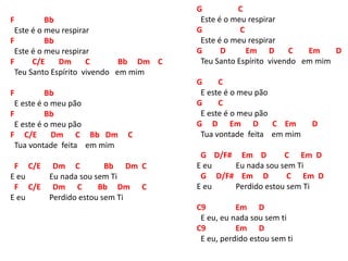 F Bb
Este é o meu respirar
F Bb
Este é o meu respirar
F C/E Dm C Bb Dm C
Teu Santo Espírito vivendo em mim
F Bb
E este é o meu pão
F Bb
E este é o meu pão
F C/E Dm C Bb Dm C
Tua vontade feita em mim
F C/E Dm C Bb Dm C
E eu Eu nada sou sem Ti
F C/E Dm C Bb Dm C
E eu Perdido estou sem Ti
G C
Este é o meu respirar
G C
Este é o meu respirar
G D Em D C Em D
Teu Santo Espírito vivendo em mim
G C
E este é o meu pão
G C
E este é o meu pão
G D Em D C Em D
Tua vontade feita em mim
G D/F# Em D C Em D
E eu Eu nada sou sem Ti
G D/F# Em D C Em D
E eu Perdido estou sem Ti
C9 Em D
E eu, eu nada sou sem ti
C9 Em D
E eu, perdido estou sem ti
 