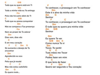 C G/B
Tudo que eu quero está em Ti
Dm
Toda a minha vida eu Te entrego
Fm
Pois não há outro além de Ti
C G/B
Tudo que eu possa conquistar
Dm
Não se compara a Tua presença
Fm
Nem ao prazer de Te adorar
Dm
Dias vem, dias vão
C
E em meu coração
F C Dm G
Só aumenta o desejo de Te
encontrar
Dm
Agradecido eu sou
C
Pelo que já recebi
F C
Mas não estou satisfeito
Dm G
Eu quero mais...
F C
Te conhecer, e prosseguir em Te conhecer
Dm
Este é o alvo da minha vida
Am G
Senhor
F C
Te conhecer, e prosseguir em Te conhecer
Dm
É tudo que eu quero pra minha vida
Am G/B
Senhor
Dm
Eu quero Te ver
G/B Am C
Como nunca Te vi
Dm
Tocar, Te sentir
G C
Tuas mãos me Tocar
Dm
Podes fazer em mim
C
O que tens de fazer
F Dm G
Quero ser segundo o Teu coração
 