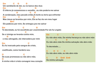 Em C G D
Um semblante de dor, eu no banco dos réus
Em C G
O inferno já comemorava o veredito , eu não poderia me salvar
D C D
A condenação, meu pecado então,A morte eu teria que enfrentar
Em C G
Mas Jesus se levantou por mim, Ele se fez réu em meu lugar
Bm7
Ele padeceu por mim, Se entregou pra me salvar
Em C D
Tá decretado, eu fui escolhido por unanimidade Por ele fui ungido
C
Se o inimigo se levanta contra mim,
D
o meu advogado, ele intercedera por mim
Em C
Eu fui marcado pelo sangue de cristo,
Justificado, como herdeiro sou
D C
De suas promessas eu não abro mão,
D
A minha vida é cristo consagrei meu coração
Em C D
Eu não abro mão, Da minha herança eu não abro mão
C D
Eu não abro mão Da minha salvação não abro mão
Ta decretado.....
C D C D
Eu não abro mão, eu não abro mão
C D Em9 Em6
Da minha salvação
 