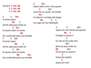 [Intro] F C Dm Bb
F C Dm Bb
F C Dm Bb
F C Dm
O vento sopra
Bb F
Só Ele sabe para onde vai
C Dm
Eu quero estar no vento
Bb
Ser conduzido pela sua vontade
F C Dm
O vento sopra
Bb F
Só Ele sabe para onde vai
C Dm
Eu quero estar no vento
Bb Gm
Ser conduzido pela sua vontade
F C Dm
Sopra em mim Vento do espírito
Bb F
Contigo eu quero ir
C
Eu não sei de onde vem
Dm
Nem sei para onde vai
Bb Gm
Só sei que eu quero ir
C
Vento do espírito
F
Sopra em mim
C Gm
Sopra sobre mim o Teu querer
C Gm
Leva-me na nuvem da Unção
Am
Eu Quero ir contigo até chegar
Bb C F
Ao Lugar da Tua Habitação
 