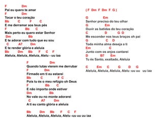 F Dm
Pai eu quero te amar
F Dm
Tocar o teu coração
Bb C F C
E me derramar aos teus pés
F Bb C
Mais perto eu quero estar Senhor
Dm Bb
E te adorar com tudo que eu sou
C A7 Dm
E te render glória e aleluia
Bb Dm Bb F C F
Aleluia, Aleluia, Aleluia, Alelu - uu iaa
F Dm
Quando lutas vierem me derrubar
F Dm
Firmado em ti eu estarei
Bb C F C
Pois tu és o meu refúgio oh Deus
F Bb C
E não importa onde estiver
Dm Bb
No vale ou no monte adorarei
C A7 Dm
A ti eu canto glória e aleluia
Bb Dm Bb F C F
Aleluia, Aleluia, Aleluia, Alelu -uu uu uu iaa
( F Dm F Dm F G )
G Em
Senhor preciso do teu olhar
G Em
Ouvir as batidas do teu coração
C D G D
Me esconder nos teus braços oh pai
G C D
Toda minha alma deseja a ti
Em C
Junto com os anjos cantarei
D B7 Em
Tu és Santo, exaltado, Aleluia
C Em C G D G
Aleluia, Aleluia, Aleluia, Alelu -uu uu uu iaa
 