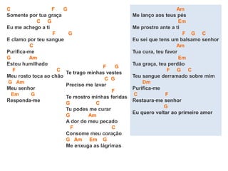 C F G
Somente por tua graça
C G
Eu me achego a ti
F G
E clamo por teu sangue
C
Purifica-me
G Am
Estou humilhado
F C
Meu rosto toca ao chão
G Am
Meu senhor
Em G
Responda-me
F G
Te trago minhas vestes
C G
Preciso me lavar
F
Te mostro minhas feridas
G C
Tu podes me curar
G Am
A dor do meu pecado
F C
Consome meu coração
G Am Em G
Me enxuga as lágrimas
Am
Me lanço aos teus pés
Em
Me prostro ante a ti
F G C
Eu sei que tens um balsamo senhor
Am
Tua cura, teu favor
Em
Tua graça, teu perdão
F G C
Teu sangue derramado sobre mim
Dm
Purifica-me
C F
Restaura-me senhor
G
Eu quero voltar ao primeiro amor
 