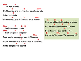 F#m E
Sai de tua tenda
B D F#m
Oh filho meu, e te mostrarei as estrelas do céu
E
Sai da tua tenda
B D F#m
Oh filho meu, e te mostrarei a areia do mar
F#m E B D
Será que podes contar
F#m E B
Será que podes imaginar
D F#m
Tudo aquilo que sonhei para ti, filho meu
E D
O que minhas mãos fizeram para ti, filho meu
B D
Minha benção será sobre ti
A D E
Uma nova história Deus tem pra mim
A D E
Um novo tempo Deus tem pra mim
A
De tudo aquilo que perdido foi
D F#m E A
Ouvirei de Tua boca: "Te abençoarei!"
 