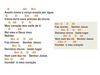 D A9 Bm
Assim como a corça anseia por água
G D Em A9
Como terra seca precisa da chuva
G A9 D G
Meu coração tem sede de ti
D A9
Rei meu e Deus meu
Refrão:
Bm G D A9
Faz chover, Senhor Jesus
Bm G A9
Derrama chuva neste lugar
Bm G D A9
Vem com teu rio Senhor Jesus
Bm G A9
Inundar o meu coração
Bm G D A9
Faz chover, Senhor Jesus
Bm G D A9
Derrama chuva neste lugar
Bm G D A9
Vem com teu rio Senhor Jesus
C#m A B9
Inundar o meu coração
 