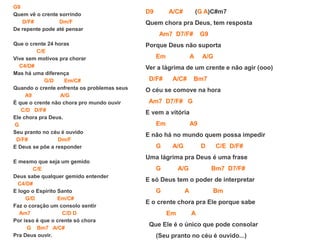 G9
Quem vê o crente sorrindo
D/F# Dm/F
De repente pode até pensar
Que o crente 24 horas
C/E
Vive sem motivos pra chorar
C4/D#
Mas há uma diferença
G/D Em/C#
Quando o crente enfrenta os problemas seus
A9 A/G
É que o crente não chora pro mundo ouvir
C/D D/F#
Ele chora pra Deus.
G
Seu pranto no céu é ouvido
D/F# Dm/F
E Deus se põe a responder
E mesmo que seja um gemido
C/E
Deus sabe qualquer gemido entender
C4/D#
E logo o Espírito Santo
G/D Em/C#
Faz o coração um consolo sentir
Am7 C/D D
Por isso é que o crente só chora
G Bm7 A/C#
Pra Deus ouvir.
D9 A/C# (G A)C#m7
Quem chora pra Deus, tem resposta
Am7 D7/F# G9
Porque Deus não suporta
Em A A/G
Ver a lágrima de um crente e não agir (ooo)
D/F# A/C# Bm7
O céu se comove na hora
Am7 D7/F# G
E vem a vitória
Em A9
E não há no mundo quem possa impedir
G A/G D C/E D/F#
Uma lágrima pra Deus é uma frase
G A/G Bm7 D7/F#
E só Deus tem o poder de interpretar
G A Bm
E o crente chora pra Ele porque sabe
Em A
Que Ele é o único que pode consolar
(Seu pranto no céu é ouvido...)
 