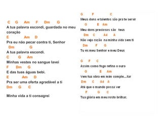 C G Am F Dm G
A tua palavra escondi, guardada no meu
coração
E Am D
Pra eu não pecar contra ti, Senhor
Dm G
A tua palavra escondi.
C G Am
Minhas vestes no sangue lavei
F Dm G
E das tuas águas bebi.
E Am D
Pra ser uma oferta agradável a ti
Dm G C
Minha vida a ti consagrei
 