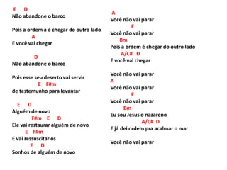 E D
Não abandone o barco
Pois a ordem a é chegar do outro lado
A
E você vai chegar
D
Não abandone o barco
Pois esse seu deserto vai servir
E F#m
de testemunho para levantar
E D
Alguém de novo
F#m E D
Ele vai restaurar alguém de novo
E F#m
E vai ressuscitar os
E D
Sonhos de alguém de novo
A
Você não vai parar
E
Você não vai parar
Bm
Pois a ordem é chegar do outro lado
A/C# D
E você vai chegar
Você não vai parar
A
Você não vai parar
E
Você não vai parar
Bm
Eu sou Jesus o nazareno
A/C# D
E já dei ordem pra acalmar o mar
Você não vai parar
 