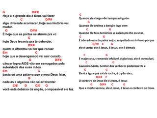 G D/F#
Hoje é o grande dia e Deus vai fazer
C D/F#
algo diferente acontecer, hoje sua história vai
mudar.
G D/F#
É hoje que as portas se abrem pra vc
C
hoje Deus levanta pra te defender,
D/F#
quem te afrontou vai ter que recuar
Em C
hoje que o desenganado vai sair curado,
G D/F#
câncer lepra AIDS vão ser esmagados pela
autoridade das suas mãos
Em C
basta só uma palavra que o meu Deus falar,
G
cadeias e algemas vão se arrebentar
C/E D C/E G
você está debaixo da unção, o impossível ele faz.
C
Quando ele chega não tem pra ninguém
G
Quando Ele ordena a benção logo vem
C G
Quando Ele fala demônios se calam pra lhe escutar.
C G
É adorado no céu pelos anjos, respeitado no inferno porque
D/F# C G
ele é santo, ele é Jesus, é Jesus, ele é demais
C G
É majestoso, tremendo infalível, é glorioso, ele é invencível,
C G
Cavaleiro Santo, Senhor dos senhores poderoso Ele é
C G
Ele é a água que sai da rocha, é o pão vivo,
D/F# C
O cordeiro de Deus Ele é Jesus, é Jesus
G D/F# C G
Que a morte venceu, ele é Jesus, é Jesus o cordeiro de Deus.
 