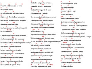 D A G D
Deus não vai deixar você no vento
D A
Esta luta vai passar
G D
Ele hoje vai cessar Todo o sofrimento
G
Alguém está dizendo Deus te esqueceu
G
Que Deus te abandonou mais Deus não
D (G)
Esquece os seus, (não, não)
A G
Esta luta vai passar ao teu lado Deus está
D G D
Ele não te deixa só
D
E quando Deus levanta pra te dar vitória
Em
O inferno e potestade têm que recuar
D G
Se este Deus está na frente ele garante a benção
A D
Não adianta o inimigo trabalhar
D
Surgem onze mil pra te derrubar
Em
Você esta protegido é escolhido dele
D G
Crente separado e por Deus ungido
A
Sempre é guardado no esconderijo
G A D
Está nas mãos do grande Deus!
D A
Ele é o teu refugio e tua fortaleza
Bm
Ele é o teu socorro e teu protetor
G
Ele é o Altíssimo guarde de Israel
D
De toda terra ele é Senhor!
A
Seu nome está acima de todos os nomes
Em
Ele faz principados por terra caírem
G
E toda autoridade está em suas mãos
Em7 A
Está contigo nesta luta e vai ater o fim
Bm A D
Vai contigo ate o fim
D
E quando Deus levanta pra te dar vitória
Em
O inferno e potestade têm que recuar
D/F# G
Se este Deus está na frente ele garante a bênção
A D
Não adianta o inimigo trabalhar
D
Surgem onze mil pra te derrubar
Em
Você esta protegido é escolhido dele
D G
Crente separado e por Deus ungido
A
Sempre é guardado no esconderijo
G A D
Está nas mãos do grande Deus!
A G D ( A G)
Está nas mãos do grande Deus!
D G
Se passares pelas as águas
D A
Elas não te afogarão
D/F# G
Se passares pelo o fogo
D A
Ele não te queimará
Em G
Quebra o arco e corta a lança
Em
Queima os carros no fogo aquietai-vos
G A D
Ele e Deus e tremendo, e o todo poderoso
D
E quando Deus levanta pra te dar vitória
Em
O inferno e potestade têm que recuar
D G
Se este Deus está na frente ele garante a bênção
A D
Não adianta o inimigo trabalhar
Dsus4 D
Surgem onze mil pra te derrubar
Em
Você esta protegido é escolhido dele
D G
Crente separado e por Deus ungido
A
Sempre é guardado no esconderijo
G A D
Está nas mãos do grande Deus!
G Bm A
Ele é teu refugio e tua fortaleza
D
Ele é o grande Deus
 