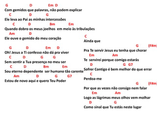 G D Em D
Com gemidos que palavras, não podem explicar
C D G
Ele leva ao Pai as minhas intercessões
C D Bm Em
Quando dobro os meus joelhos em meio às tribulações
Am D
Ele ouve o gemido do meu coração
G D Em D
Oh! Jesus a Ti confesso não dá pra viver
C D G G
Sem sentir a Tua presença no meu ser
C D Bm Em
Sou eterno dependente ser humano tão carente
Am D G G7
Estou de novo aqui e quero Teu Poder
C
Ainda que
G (F#m)
Pra Te servir Jesus eu tenha que chorar
Em Am
Te servirei porque comigo estarás
D G G7
Sofrer Contigo é bem melhor do que errar
C
Perdoa-me
G (F#m)
Por que as vezes não consigo nem falar
Em Am
Logo as lágrimas meus olhos vem molhar
D G
Como sinal que Tu estás neste lugar
 