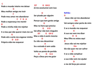 C
Pode o mundo inteiro me deixar
G
Meu melhor amigo me trair
F
Pode meu amor me abandonar
C F G A
Pode a esperança me mentir
D
Pode a minha mãe me rejeitar
A
E o meu pai não querer mais me ver
G
Pode até a sorte me enganar minha
D G D
Própria vida me esquecer
D7 G G4 G
Já me acostumei com isso
D
Ser pisado por alguém
A
Pensar que tem gente amiga
G
Mas na hora que precisa
D G D
Vai olhar não tem ninguém
D7 G G4 G
Mas a vida é assim mesmo
D
Eu não vou desanimar
A
Se a estrada é sem saída
G
Volto ao ponto de partida
A D G A
Peço a Deus pra me guiar
Refrão:
D
Jesus não vai me abandonar
Em
Vai sempre estar perto de mim
G
E se o mundo me esquecer
A
A sua voz vem me dizer
D G
Meu filho eu estou aqui
D
Jesus não vai me rejeitar
Em
Ele não quer me ver sofrer
G
E se a vida complicar
A
a sua mão vem me ajudar
D
e me dá força pra vencer
 