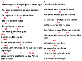 C
O Deus que faz milagres já está neste lugar
G
Vai fazer o impossível se você acreditar
Am F
Só depende da fé Poderoso Ele é
G F
Ele cura enfermidades
G
Ressucita até os mortos
C4 C
Tudo faz quando Ele quer
Dm G
O difícil pra Ele é nada
Dm G
Se vier a tempestade Ele acalma
Am F
Quando vem o inimigo vai na sua frente pra
te proteger
Am F G4 G
Seja qual for o problema é o seu Amigo
para te valer
C
Quando Ele decide fazer
Não existe nada não existe morte
G
Não existe inferno que possa deter
Ele tem Poder pra todo o mal vencer
Am
Se Ele prometeu Ele vai fazer
Seu Poder é grande Maior que o Infinito
G4 Gm
Não existe limites com o Seu Querer Ele é
Deus
C Am
Vamos adorar este Deus
C Am
Vamos exaltar este Deus
F C Dm
Digno Ele é de toda adoração
F G
Proclamemos de coração.
 