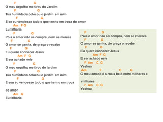 F G
O meu orgulho me tirou do Jardim
F G
Tua humildade colocou o jardim em mim
F G
E se eu vendesse tudo o que tenho em troca do amor
Am F G
Eu falharia
F G
Pois o amor não se compra, nem se merece
F G
O amor se ganha, de graça o recebe
F G
Eu quero conhecer Jesus
Am F G
E ser achado nele
F G
O meu orgulho me tirou do jardim
F G
Tua humildade colocou o jardim em mim
F G
E seu eu vendesse tudo o que tenho em troca
do amor
Am G
Eu falharia
F G
Pois o amor não se compra, nem se merece
F G
O amor se ganha, de graça o recebe
F G
Eu quero conhecer Jesus
Am F G
E ser achado nele
F Am C G
Yeshua
Am F C G
O meu amado é o mais belo entre milhares e
milhares
F Am C G
Yeshua
 