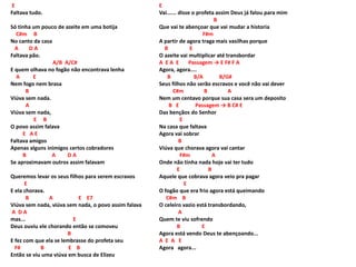 E
Faltava tudo.
Só tinha um pouco de azeite em uma botija
C#m B
No canto da casa
A D A
Faltava pão.
A/B A/C#
E quem olhava no fogão não encontrava lenha
A E
Nem fogo nem brasa
B
Viúva sem nada.
A
Viúva sem nada,
E B
O povo assim falava
E A E
Faltava amigos
Apenas alguns inimigos certos cobradores
B A D A
Se aproximavam outros assim falavam
Queremos levar os seus filhos para serem escravos
E
E ela chorava.
B A E E7
Viúva sem nada, viúva sem nada, o povo assim falava
A D A
mas... E
Deus ouviu ele chorando então se comoveu
B
E fez com que ela se lembrasse do profeta seu
F# B E B
Então se viu uma viúva em busca de Elizeu
E
Vai...... disse o profeta assim Deus já falou para mim
B
Que vai te abençoar que vai mudar a historia
F#m
A partir de agora traga mais vasilhas porque
B E
O azeite vai multiplicar até transbordar
A E A E Passagem → E F# F A
Agora, agora....
B B/A B/G#
Seus filhos não serão escravos e você não vai dever
C#m B A
Nem um centavo porque sua casa sera um deposito
B E Passagem → B C# E
Das bençãos do Senhor
E
Na casa que faltava
Agora vai sobrar
B
Viúva que chorava agora vai cantar
F#m A
Onde não tinha nada hoje vai ter tudo
E B
Aquele que cobrava agora veio pra pagar
E
O fogão que era frio agora está queimando
C#m B
O celeiro vazio está transbordando,
A
Quem te viu sofrendo
B E
Agora está vendo Deus te abençoando...
A E A E
Agora agora...
 