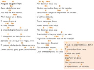 F#m D
Ninguém é super-homem
Bm
Deus não te fez de aço
C#
Não leve em teus ombros
F#m
Além do que Ele te deixou
D
O mundo é natural
( A ) Bm
A carne é mortal
C# D
É a realidade pra chegar no ideal
E D
O inimigo luta pra você deixar a cruz
E D
Sem ela, ele sabe que você negou Jesus
E D
O peso da tribulação não dá pra comparar
E G D E
Com o peso da glória que o céu vai revelar
(D E) F#m
Não despreze a sua cruz
Bm E
Ela tem sua medida, Deus um dia calculou
A C#m D
Ele conhece a força e a fraqueza de um pecador
Bm
O Calvário declarou
C#m
Com o sangue de Jesus
D
Para o mundo o seu valor
E F#m
Não despreze a sua cruz
Bm E
A renúncia é o braço de equilíbrio pra você
A C#m D
Hoje você não entende, mas um dia irá saber
Bm
Que as pegadas de Jesus
C#4
São o mapa do tesouro
C# D E
Deus tem recompensa pra você
D E
A cruz é a responsabilidade do fiel
D
É o domínio sobre a carne
E
A ponte para o céu
F#m E
Diga "sim" pra Deus
C#m
Não negue o que é seu
G E
A trajetória certa Ele escreveu
 