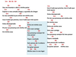 Cm Bb Eb G#
Eb Bb
Vou me levantar e abrir a minha porta
Cm G# Fm
Esperar o meu amado chegar, e quando ele chegar
Gm G#
Eu vou convidá-lo pra entrar em minha casa
Cm Bb
Isso é tudo que preciso, isso é tudo que mais quero
G#
Estou desesperado
Cm Bb
Pra ter sua presença em minha vida
G#
Em minha casa
Eb
Entra em minha casa
Bb
Vem cear comigo
Cm G#
Sua presença sempre foi
meu prazer
Eb
Fique a vontade
Bb
Sem pressa de ir embora
Fm Eb
Se quiser pousar
G# Bb
Minha casa é o seu lugar
Cm Bb
Isso é tudo que preciso, isso é tudo que
mais quero
G#
Estou desesperado
Cm Bb
Pra ter sua presença em minha vida
G#
Em minha casa
Eb
Entra em minha casa
Bb
Vem cear comigo
Cm G#
Sua presença sempre foi meu prazer
Eb
Fique a vontade
Bb
Sem pressa de ir embora
Fm Eb G#
Se quiser pousar minha casa
 