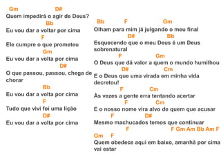 Gm D#
Quem impedirá o agir de Deus?
Bb
Eu vou dar a voltar por cima
F
Ele cumpre o que prometeu
Gm
Eu vou dar a volta por cima
D#
O que passou, passou, chega de
chorar
Bb
Eu vou dar a volta por cima
F
Tudo que vivi foi uma lição
D#
Eu vou dar a volta por cima
Bb F Gm
Olham para mim já julgando o meu final
D# Bb
Esquecendo que o meu Deus é um Deus
sobrenatural
F Gm
O Deus que dá valor a quem o mundo humilhou
D# Cm
E o Deus que uma virada em minha vida
decretou!
F Cm
Às vezes a gente erra tentando acertar
F Cm
E o nosso nome vira alvo de quem que acusar
F D#
Mesmo machucados temos que continuar
F F Gm Am Bb Am F
Gm F
Quem obedece aqui em baixo, amanhã por cima
vai estar
 