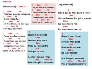Tom: G#m
[Introdução 2x] E G#m F#
E G#m F#
Tu és tudo o que eu mais quero
E G#m F#
O meu fôlego, Tu és
E G#m F#
Em Teus braços, é o meu lugar
E G#m F#
Estou aqui, estou aqui
E G#m F#
Pai, eu amo Sua presença
E G#m F#
Teu sorriso é vida em mim
E G#m F#
Eu seguro em Suas mãos
E G#m F#
Confio em Ti, confio em Ti
E
Quero ir mais fundo
C#m
Leva-me mais perto
G#m
Onde eu Te encontro
D#m
No lugar secreto
E
Aos Teus pés, me rendo
C#m G#m F#
Pois a Tua glória quero ver
E G#m F#
Pai, eu amo Sua presença
E G#m F#
Teu sorriso é vida em mim
E G#m F#
Eu seguro em Suas mãos
E G#m F#
Confio em Ti, confio em Ti
[Segunda Parte]
E
Tudo o que eu mais quero é Te ver
C#m
Me envolva com Tua glória e poder
G#m
Tua majestade é real
D#m
Tua voz ecoa em meu ser
E
Quero ir mais fundo
C#m
Leva-me mais perto
G#m
Onde eu Te encontro
D#m
No lugar secreto
E
Aos Teus pés, me rendo
C#m G#m F#
Pois a Tua glória quero ver
 