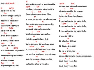 Intro: G C Am D
G D/F#
Sei é bem assim
Em
o medo chega e aflição
C
destrói as bases que
Am D
sustentam o coração
G D/F#
Sei é bem assim
Em
é tão difícil suportar
C
o medo, a dor e essa
Am D
lágrima no olhar
G D/F#
Não sabes mais o que fazer
Em
nem mesmo para onde ir
C
a única certeza
Am D
é que chegou ao fim
G
Mas se Deus mudou a minha vida
D/F# Em
também vai mudar a tua história
C Am
Deus não deu seu único filho
D
pra morrer por nós em vão outrora
G
Derramou seu sangue carmesim
D/F# Em
por você e também por mim
C Am
Você não nasceu para sofrer
D
Hoje Deus vai te fazer feliz
G
Vai te arrancar do fundo do poço
D/F# Em
te reerguer, te fazer um vaso novo
C Am
vai mostrar pra todos teus inimigos
D
que ele sempre esteve contigo
G
e eles irão olhar e vão dizer
D/F# Em
como é que isso pode acontecer
C Am
ele estava caído, derrotado
D D7
Hoje esta de pé, fortificado
G
E você vai cantar do outro lado
D/F# Em
E você vai cantar do outro lado
C Am
E você vai cantar do outro lado
D
o hino da vitória
G
Só o Senhor é Deus
Em
Só Deus é o Senhor
C
Se ele te prometeu
Am D
se considere muito mais que vencedor
C D
Você é um vencedor.
G
Você é um vencedor.
 