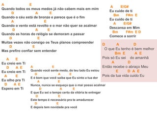 A E
Quando todos os meus medos já não cabem mais em mim
D A E
Quando o céu está de bronze e parece que é o fim
A E
Quando o vento está revolto e o mar não quer se acalmar
D A E
Quando as horas do relógio se demoram a passar
D E
Muitas vezes não consigo os Teus planos compreender
D E
Mas prefiro confiar sem entender
A E
Eu creio em Ti
D A E
Eu creio em Ti
A E
Eu olho pra Ti
D A E
Espero em Ti
A E
Quando você sente medo, do teu lado Eu estou
D A E
E é bom que você saiba que Eu sinto a tua dor
A E
Nunca, nunca se esqueça que o mar posso acalmar
D A E
E que Eu sei o tempo certo da vitória te entregar
D E
Este tempo é necessário pra te amadurecer
D E
E depois tem novidade pra você
A E/G#
Eu cuido de ti
Bm F#m E
Eu cuido de ti
A E/G#
Descansa em Mim
Bm F#m E D
Comece a sorrir
D A D
O que Eu tenho é bem melhor
Bm E A E
Pois só Eu sei do amanhã
A D
Então recebe o abraço Meu
E D A E
Pois da tua vida cuido Eu
 