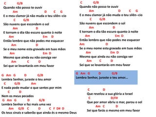 C G/B
Quando não posso te ouvir
Am D C G
E o meu clamor já não muda o teu silên--cio
C G/B
São nuvens que escondem o sol
Am D
E tornam o dia tão escuro quanto à noite
Am Em D
Então lembro que não podes me esquecer
Am D
Se o meu nome esta gravado em tuas mãos
Am Em D
Mesmo que ainda eu não consiga ver
Am C D
Sei que se levantarás em meu favor
G Am G D G/B
Lembra Senhor, juraste o teu amor
C G/B Am
E nada pode mudar o que sentes por mim
C D
Nem os meus pecados
G Am G D G/B
Lembra Senhor e faz mais uma vez
Am G/B C D C F D# D
Os teus sinais e saberão que ainda és o mesmo Deus
C G/B
Quando não posso te ouvir
Am D C G
E o meu clamor já não muda o teu silên--cio
C G/B
São nuvens que escondem o sol
Am D
E tornam o dia tão escuro quanto à noite
Am Em D
Então lembro que não podes me esquecer
Am D
Se o meu nome esta gravado em tuas mãos
Am Em D
Mesmo que ainda eu não consiga ver
Am C D
Sei que se levantarás em meu favor
G Am G D G/B
Lembra Senhor, juraste o teu amor...
C D
Que revelou a sua glória a Israel
C D/F#
Que por amor abriu o mar, parou o sol
Am C D
Sei que farás o mesmo em meu favor
 