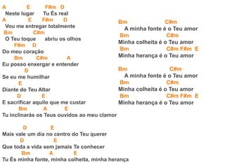 A E F#m D
Neste lugar Tu És real
A E F#m D
Vou me entregar totalmente
Bm C#m
O Teu toque abriu os olhos
F#m D
Do meu coração
Bm C#m A
Eu posso enxergar e entender
D
Se eu me humilhar
E
Diante do Teu Altar
D E
E sacrificar aquilo que me custar
Bm A E
Tu inclinarás os Teus ouvidos ao meu clamor
D E
Mais vale um dia no centro do Teu querer
D E
Que toda a vida sem jamais Te conhecer
Bm A E
Tu És minha fonte, minha colheita, minha herança
Bm C#m
A minha fonte é o Teu amor
Bm C#m
Minha colheita é o Teu amor
Bm C#m F#m E
Minha herança é o Teu amor
Bm C#m
A minha fonte é o Teu amor
Bm C#m
Minha colheita é o Teu amor
Bm C#m F#m E
Minha herança é o Teu amor
 