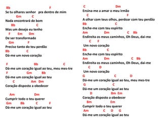 Bb F
Se tu olhares senhor pra dentro de mim
Gm C
Nada encontrará de bom
Bb C
Mas um desejo eu tenho
F Em Dm
De ser transformado
Gm F
Preciso tanto do teu perdão
Bb C
Dá-me um novo coração
F Bb C
Dá-me um coração igual ao teu, meu mes-tre
F Gm Bb
Dá-me um coração igual ao teu
C Am Dm
Coração disposto a obedecer
Am Dm
Cumprir todo o teu querer
Gm Bb C F
Dá-me um coração igual ao teu
C Dm
Ensina-me a amar o meu irmão
C F
A olhar com teus olhos, perdoar com teu perdão
Bb C
Enche-me com teu espírito
Am Dm C Bb
Endireita os meus caminhos, Oh Deus, dai-me
C F
Um novo coração
Bb C
Enche-me com teu espírito
Am Dm C Bb
Endireita os meus caminhos, Oh Deus, dai-me
C D
Um novo coração
G C D
Dá-me um coração igual ao teu, meu mes-tre
G C
Dá-me um coração igual ao teu
D Bm Em
Coração disposto a obedecer
Bm Em
Cumprir todo o teu querer
Am C D G
Dá-me um coração igual ao teu
 