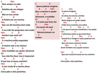 E C#m
Nem sempre se sabe
A B
Detalhes de um milagre
E C#m
Mas eu vou contar
A B
A história de um menino
F#m E
Que um dia levantou bem cedo
A E
E sua mãe lhe perguntou com medo
F#m E B
Aonde é que você vai?
F#m E
E o menino,então,respondeu
A E
O mestre está a me chamar
F#m E B
Uma multidão vou ajudar alimentar
G# C#m
Sua mãe lhe disse: isso é impossível
B A E
O que tem ai nesse cestinho?
F#m E A
E com muita fé o menino disse:
B E
Cinco pães e dois peixinhos
E C#m
Eu posso imaginar
A B
Os olhos do menino a brilhar
E C#m A B
Muita alegria em poder ajudar
F#m E
Então Jesus Levantou seus olhos
A E F#m E B
E viu que era preciso manifestar o seu poder
F#m E
E alimentou todos os que tinha fome
A E F#m E B
Grande foi o milagre e todos puderam crer
G# C#m
Que com Jesus o pouco é muito
C#m A E
Assim Também creu aquele menino
F#m E A
Que com muita fé trouxe em seu cestinho
B
Cinco pães e dois peixinhos
E B
Quem poderia imaginar
B E F#m
Que o menino ia ajudar
A B
Alimentar a multidão
E9 B
E é assim que Deus faz
B F#m
Usa quem ele quer
A B
Menino,homem ou
E
mulher
 