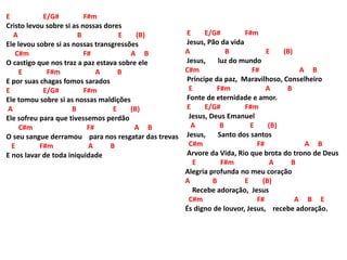 E E/G# F#m
Cristo levou sobre si as nossas dores
A B E (B)
Ele levou sobre si as nossas transgressões
C#m F# A B
O castigo que nos traz a paz estava sobre ele
E F#m A B
E por suas chagas fomos sarados
E E/G# F#m
Ele tomou sobre si as nossas maldições
A B E (B)
Ele sofreu para que tivessemos perdão
C#m F# A B
O seu sangue derramou para nos resgatar das trevas
E F#m A B
E nos lavar de toda iniquidade
E E/G# F#m
Jesus, Pão da vida
A B E (B)
Jesus, luz do mundo
C#m F# A B
Príncipe da paz, Maravilhoso, Conselheiro
E F#m A B
Fonte de eternidade e amor.
E E/G# F#m
Jesus, Deus Emanuel
A B E (B)
Jesus, Santo dos santos
C#m F# A B
Arvore da Vida, Rio que brota do trono de Deus
E F#m A B
Alegria profunda no meu coração
A B E (B)
Recebe adoração, Jesus
C#m F# A B E
És digno de louvor, Jesus, recebe adoração.
 
