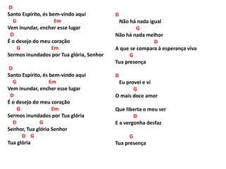 D
Santo Espírito, és bem-vindo aqui
G Em
Vem inundar, encher esse lugar
D
É o desejo do meu coração
G Em
Sermos inundados por Tua glória, Senhor
D
Santo Espírito, és bem-vindo aqui
G Em
Vem inundar, encher esse lugar
D
É o desejo do meu coração
G Em
Sermos inundados por Tua glória
D G
Senhor, Tua glória Senhor
D G
Tua glória
D
Não há nada igual
G
Não há nada melhor
D
A que se compara à esperança viva
G
Tua presença
D
Eu provei e vi
G
O mais doce amor
Que liberta o meu ser
D
E a vergonha desfaz
G
Tua presença
 