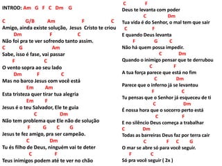 INTROD: Am G F C Dm G
C G/B Am F C
Amigo, ainda existe solução, Jesus Cristo te criou
Dm F C
Não foi pra te ver sofrendo tanto assim.
C G Am
Sabe, isso é fase, vai passar
F C
O vento sopra ao seu lado
Dm F C
Mas no barco Jesus com você está
Em Am
Esta tristeza quer tirar tua alegria
Em F
Jesus é o teu Salvador, Ele te guia
C Dm
Não tem problema que Ele não de solução
F G C G
Jesus te fez amigo, pra ser campeão.
C Dm
Tu és filho de Deus, ninguém vai te deter
C F
Teus inimigos podem até te ver no chão
C F
Deus te levanta com poder
C Dm
Tua vida é do Senhor, o mal tem que sair
C F
E quando Deus levanta
F G C
Não há quem possa impedir.
C Dm
Quando o inimigo pensar que te derrubou
C F
A tua força parece que está no fim
C Dm
Parece que o inferno já se levantou
F C
Tu pensas que o Senhor já esqueceu de ti
C Dm
É nossa hora que o socorro perto está
C F
E no silêncio Deus começa a trabalhar
C Dm
Todas as barreiras Deus faz por terra cair
C F C G
O mar se abre só para você seguir.
F C
Só pra você seguir ( 2x )
 