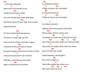 Dm
Uma chuva diferente
C
Agora está se formando no céu
Dm
Temporal de benção e poder
C
Um calor tão glorioso invade toda igreja
Dm
Quinhentos graus de puro fogo santo e poder
[Segunda Parte]
Bb
Pra fazer enfermidade desaparecer
C
Pra fazer o inimigo fugir de você
Uma nuvem de vitória está sobre a igreja
Dm
A previsão de Deus diz que vai chover
Bb
Vai chover línguas estranhas por todos os lados
C
E desse temporal quero sair molhado
Molhado e revestido por esse poder
Dm
Agora o impossível vai acontecer
Bb
É a promessa de Deus
C Dm
O fogo vai descer, por esse poder
Bb
É a promessa de Deus
C Dm
O fogo vai descer, por esse poder
C
Já começa acontecer
Debaixo dessa chuva posso contemplar
Dm
Aleluia daqui, Glória e aleluia de lá
Bb C
Inundando os irmãos com a benção nas mãos
Dm Bb C Dm
Vejo milhares de anjos vindo num imenso trovão
C
Desse lado tem poder, desse lado tem vitória
Dm
Aqui na frente tem irmãos
Sendo batizados, dando glória
Bb
Ali no meio o fogo cai
C
Toda enfermidade não resiste e sai
Dm Bb C Dm
Pelo Santo nome de Jesus
 