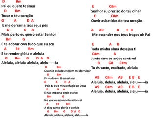 D Bm
Pai eu quero te amar
D Bm
Tocar o teu coração
G A D A
E me derramar aos seus pés
D G A
Mais perto eu quero estar Senhor
Bm G
E te adorar com tudo que eu sou
A F# Bm
E te render glória e aleluia
G Bm G D A D
Aleluia, aleluia, aleluia, alelu------ia
D Bm
Quando as lutas vierem me derrubar
D Bm
Firmado em ti eu estarei
G A D A
Pois tu és o meu refúgio oh Deus
D G A
E não importa onde estiver
Bm G
No vale ou no monte adorarei
A F# Bm
A ti eu canto glória e aleluia
G Bm G D A D
Aleluia, aleluia, aleluia, alelu------ia
E C#m
Senhor eu preciso do teu olhar
E C#m
Ouvir as batidas do teu coração
A A9 B E B
Me esconder nos teus braços oh Pai
E A B
Toda minha alma deseja a ti
C#m A
Junto com os anjos cantarei
B G# C#m
Tu és santo, exaltado, aleluia
A9 C#m A9 E B E
Aleluia, aleluia, aleluia, alelu------ia
A9 C#m A9 E B E
Aleluia, aleluia, aleluia, alelu------ia
 