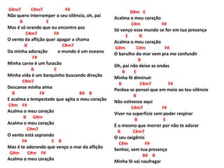 G#m7 C#m7 F#
Não quero interromper o seu silêncio, oh, pai
B E
Mas é só orando que eu encontro paz
C#m7 F#
O vento da aflição quer apagar a chama
B C#m7
Da minha adoração o mundo é um oceano
F#
Minha carne é um furacão
B E
Minha vida é um barquinho buscando direção
C#m7
Descanse minha alma
B F# B4 B
E acalma a tempestade que agita o meu coração
C#m F#
Acalma o meu coração
B G#m
Acalma o meu coração
C#m7
O vento está soprando
F# E B
Mas é te adorando que venço o mar da aflição
G#m C#m F#
Acalma o meu coração
D#m E
Acalma o meu coração
C#m F#
Só venço esse mundo se for em tua presença
E B
Acalma o meu coração
G#m C#m F#
O barulho do mar vem pra me confundir
B
Oh, pai não deixe as ondas
B E
Minha fé diminuir
B C#m7 F#
Perdoa se pensei que em meio ao teu silêncio
B
Não estivesse aqui
C#m7 F#
Viver na superfície sem poder respirar
B E
É o mesmo que morrer por não te adorar
B C#m7
O seu oxigênio
C#m F#
Senhor, sem tua presença
B4 B
Minha fé vai naufragar
 