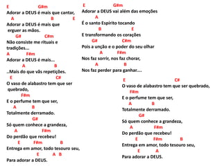 E G#m
Adorar a DEUS é mais que cantar,
A B E
Adorar a DEUS é mais que
erguer as mãos.
G# C#m
Não consiste me rituais e
tradições...
A F#m
Adorar a DEUS é mais...
A B
..Mais do que vãs repetições.
E C#
O vaso de alabastro tem que ser
quebrado,
F#m
E o perfume tem que ser,
A B
Totalmente derramado.
G#
Só quem conhece a grandeza,
A F#m
Do perdão que recebeu!
E F#m B
Entrega em amor, todo tesouro seu,
E A B
Para adorar a DEUS.
E G#m
Adorar a DEUS vai além das emoções
A
É o santo Espírito tocando
B E
E transformando os corações
G# C#m
Pois a unção e o poder do seu olhar
A F#m
Nos faz sorrir, nos faz chorar,
A B
Nos faz perder para ganhar....
E C#
O vaso de alabastro tem que ser quebrado,
F#m
E o perfume tem que ser,
A B
Totalmente derramado.
G#
Só quem conhece a grandeza,
A F#m
Do perdão que recebeu!
E F#m B
Entrega em amor, todo tesouro seu,
E A
Para adorar a DEUS.
 
