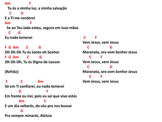 Am F
Tu és a minha luz, a minha salvação
C G
E a Ti me renderei
Am F
Se ao Teu lado estou, seguro em tuas mãos
C G
Eu nada temerei
F G Am C G
Oh Oh Oh Tu és Santo oh Senhor
F G Am C G
Oh Oh Oh, Tu és Digno de Louvor
[Refrão]
F C Am
Só em Ti confiarei, eu nada temerei
G F
Em frente eu irei, pois eu sei que vivo estás
Am C
E um dia voltarás, do céu pra nos buscar
G
Pra sempre reinarás, Aleluia
C F
Vem Jesus, vem Jesus
C G
Maranata, ora vem Senhor Jesus
C F
Vem Jesus, vem Jesus
C G
Maranata, ora vem Senhor Jesus
C F
Vem Jesus, vem Jesus
 