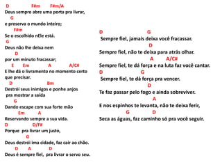 D F#m F#m/A
Deus sempre abre uma porta pra livrar,
G
e preserva o mundo inteiro;
F#m
Se o escolhido nEle está.
G
Deus não lhe deixa nem
D
por um minuto fracassar;
E Em A A/C#
E lhe dá o livramento no momento certo
que precisar.
D Bm
Destrói seus inimigos e ponhe anjos
pra mostrar a saída
G
Dando escape com sua forte mão
Em A
Reservando sempre a sua vida.
D D/F#
Porque pra livrar um justo,
G
Deus destrói ima cidade, faz cair ao chão.
D A D
Deus é sempre fiel, pra livrar o servo seu.
D G
Sempre fiel, jamais deixa você fracassar.
D
Sempre fiel, não te deixa para atrás olhar.
A A/C#
Sempre fiel, te dá força e na luta faz você cantar.
D G
Sempre fiel, te dá força pra vencer.
D
Te faz passar pelo fogo e ainda sobreviver.
A
E nos espinhos te levanta, não te deixa ferir,
G D
Seca as águas, faz caminho só pra você seguir.
 