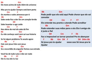 Bb Gm
Ele mora acima de tudo Além do universo
D#
Mas pra te ajudar Sempre está bem perto
Cm F
Os montes e vales atrevessa por ti
Bb Gm
Sabe onde fica a dor De um coração ferido
D#
Sabe levantar o ego caído
Cm F
Nas obras do mal ele sabe dá fim
Bb Gm
Eu não conheço você nem sei sua historia
D#
Se há algum problema Te assolo agora
Bb F
Fale com jesus Fale com jesus
Bb Gm
Se a escuridão da angustia Tomou sua estrada
D#
Você faz de tudo Luta e não ver nada
Bb F F7
Ele é a luz ele é a luz
Bb Gm
Pode pedir que ele está aqui Pode chorar que ele vai
consolar
D# Cm F F7
Ele entende teu pranto e atende Pode acreditar
Bb Gm
Pode estender suas mãos para o céu Ele é amigo ele
é justo e fiel
D# Cm F Eb
Faz o impossivel se tornar possivel Pra te abençoar
F Bb Gm D# F D# D#m Bb
Só jesus pra te ajudar oooo ooo Só Jesus pra te
Ajudar
 