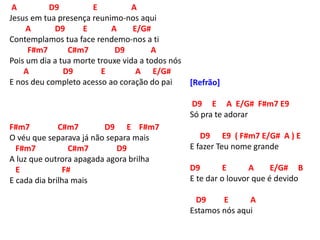 A D9 E A
Jesus em tua presença reunimo-nos aqui
A D9 E A E/G#
Contemplamos tua face rendemo-nos a ti
F#m7 C#m7 D9 A
Pois um dia a tua morte trouxe vida a todos nós
A D9 E A E/G#
E nos deu completo acesso ao coração do pai [Refrão]
D9 E A E/G# F#m7 E9
Só pra te adorar
D9 E9 ( F#m7 E/G# A ) E
E fazer Teu nome grande
D9 E A E/G# B
E te dar o louvor que é devido
D9 E A
Estamos nós aqui
F#m7 C#m7 D9 E F#m7
O véu que separava já não separa mais
F#m7 C#m7 D9
A luz que outrora apagada agora brilha
E F#
E cada dia brilha mais
 