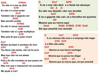 D5(9) D7M(9)
Eu não vi o mar se abrir
G7M
Eu não vi o coxo andar
Gm6
Também não vi gigante cair
D5(9)
Mas escolhi confiar
D7M(9)
Eu não vi Jesus ressuscitar
G7M
Também não vi o pão multiplicar
G7M
Mas pela fé que o justo viverá
Em7
Muitos duvidam e zombam de mim
D/F# G5
Teu Deus não existe, não vai te ouvir
D/F#
Mas isso não vai me abalar
Em7
Pois a fé não consiste no que posso ver
D/F# G5
Mas crer que o impossível vai acontecer
Gm6
Me ajude a crer!
D Em7 D/F#
E se o mar não abrir e o faraó me alcançar
G5 A D
Eu não vou desistir, não vou duvidar
Em7 D/F#
E se o gigante não cair, se a fornalha me queimar
G5
Mesmo que eu morra aqui
Gm6 D5(9) D7M(9) G7M Gm6
Sei que amanhã vou acordar
D Em7 D/F#
E se a doença não curar e o emprego não vingar
G7M D/F#
E o filho não voltar
Em7 D/F#
Mesmo se meu barco naufragar
Em7 D/F#
Mesmo que eu possa me afogar
Em7 D/F# G5 A
Mesmo que eu morra aqui, sei que amanhã
 