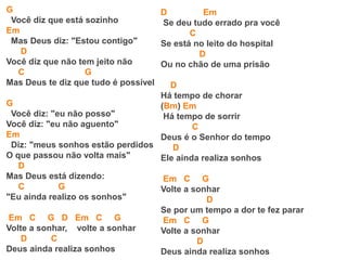 G
Você diz que está sozinho
Em
Mas Deus diz: "Estou contigo"
D
Você diz que não tem jeito não
C G
Mas Deus te diz que tudo é possível
G
Você diz: "eu não posso"
Você diz: "eu não aguento"
Em
Diz: "meus sonhos estão perdidos
O que passou não volta mais"
D
Mas Deus está dizendo:
C G
"Eu ainda realizo os sonhos"
Em C G D Em C G
Volte a sonhar, volte a sonhar
D C
Deus ainda realiza sonhos
D Em
Se deu tudo errado pra você
C
Se está no leito do hospital
D
Ou no chão de uma prisão
D
Há tempo de chorar
(Bm) Em
Há tempo de sorrir
C
Deus é o Senhor do tempo
D
Ele ainda realiza sonhos
Em C G
Volte a sonhar
D
Se por um tempo a dor te fez parar
Em C G
Volte a sonhar
D
Deus ainda realiza sonhos
 