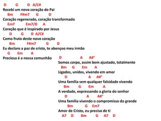 D G D A/C#
Recebi um novo coração do Pai
Bm F#m7 G D
Coração regenerado, coração transformado
Em7 Em7/D A
Coração que é inspirado por Jesus
D G D A/C#
Como fruto deste novo coração
Bm F#m7 G D
Eu declaro a paz de cristo, te abençoo meu irmão
G Em A
Preciosa é a nossa comunhão D A A#°
Somos corpo, assim bem ajustado, totalmente
Bm G Em A
Ligados, unidos, vivendo em amor
D A A#°
Uma família sem qualquer falsidade vivendo
Bm G Em A
A verdade, expressando a gloria do senhor
D A A#°
Uma família vivendo o compromisso do grande
Bm G Em7
Amor de Cristo, eu preciso de ti
A7 D Bm G A7 D
 