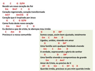G C G D/F#
Recebi um novo coração do Pai
Em Bm7 C G
Coração regenerado, coração transformado
Am7 Am7/G D
Coração que é inspirado por Jesus
G C G D/F#
Como fruto deste novo coração
Em Bm7 C G
Eu declaro a paz de cristo, te abençoo meu irmão
C Am D
Preciosa é a nossa comunhão
G D D#°
Somos corpo, assim bem ajustado, totalmente
Em C Am D
Ligados, unidos, vivendo em amor
G D D#°
Uma família sem qualquer falsidade vivendo
Em C Am D
A verdade, expressando a gloria do senhor
G D D#°
Uma família vivendo o compromisso do grande
Em C Am7
Amor de Cristo, eu preciso de ti
D7 G Em C D7 G D
Querido irmão, precioso es pra mim querido irmão
 