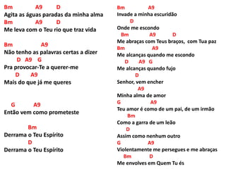 Bm A9 D
Agita as águas paradas da minha alma
Bm A9 D
Me leva com o Teu rio que traz vida
Bm A9
Não tenho as palavras certas a dizer
D A9 G
Pra provocar-Te a querer-me
D A9
Mais do que já me queres
G A9
Então vem como prometeste
Bm
Derrama o Teu Espírito
D
Derrama o Teu Espírito
Bm A9
Invade a minha escuridão
D
Onde me escondo
Bm A9 D
Me abraças com Teus braços, com Tua paz
Bm A9
Me alcanças quando me escondo
D A9 G
Me alcanças quando fujo
D
Senhor, vem encher
A9
Minha alma de amor
G A9
Teu amor é como de um pai, de um irmão
Bm
Como a garra de um leão
D
Assim como nenhum outro
G A9
Violentamente me persegues e me abraças
Bm D
Me envolves em Quem Tu és
 