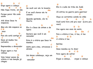 G D C
Erga agora a cabeça
G C G
Não fique triste, oh não
D
Porque parar tão cedo
assim
C
Até disse Deus te
esqueceu
G
Mas ele não esquece os
C G
seus
G D
Pois ele está contigo aí
C G
Deus já mudou teu
cativeiro
D
Repreendeu o devorador
C
Ergue agora a tua
cabeça
D
Vem tomar posse da
vitória A tua benção já
chegou
G
Se você cair ele te levanta
Am
E se você chorar ele te
consola
C
Quando oprimido, ele te
liberta
D G
Ele é o Deus de ontem e de
agora
G
Declare que você é um
vencedor
Am
Esta é a vitória que Deus te
mandou
C
Salte para cima, atravesse o
abismo
D
Sai desse calabouço, seja um
G
vencedor
G
Ele é o Leão da tribo de Judá
Am
Já entrou na guerra para guerrear
C
Ouça as correntes caindo no chão
D G C D
Você está livre até pra voar (Livre pra
voar)
G D
Voe agora nas asas do vento
G Em C
Pois a vitória é tua, é tua, é tua
D G D
A vitória é tua
Refrão:
D
Deus mandou eu te dizer
G C D
Pare agora de sofrer
G C G
Ergue a cabeça, ergue a cabeça
 