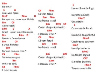 F#m
Eis o mar
E A
Atrás vem Faraó
Bm7 F#m D
Por que nos trouxe aqui Moisés
Bm C#
A este lugar?
F#m E A
Israel assim lamentou então
Bm F#m D
Moisés a Deus clamou
Bm C#
E Deus lhe falou
Bm
Por que clamas a mim?
C# F#m
Toca nestas águas
Bm
O mar se abriu
C# F#m
E Israel passou
C# F#m
Lá vem faraó
Bm F#m
Na frente Israel
Bm F#m C#
Quem chegará primeiro
F#m
Faraó ou Deus?
C# F#m
Lá vem faraó
Bm F#m
Na frente Israel
Bm C#7
Quem chegará primeiro
C#m
Faraó ou Deus?
E
Uma coluna de fogo
Durante a noite
F#m7
Guia Israel
E
Os carros de Faraó
No meio do caminho
F#m7
Quebrados paravam
Bm7
Israel prevalecia
F#m7
Na frente seguia
C#7
E a noite pra eles
F#m7
Tornou-se em dia
 