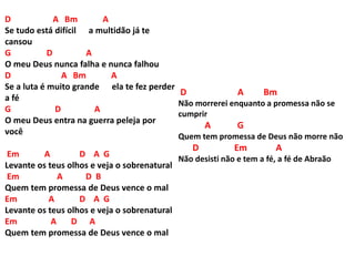 D A Bm A
Se tudo está difícil a multidão já te
cansou
G D A
O meu Deus nunca falha e nunca falhou
D A Bm A
Se a luta é muito grande ela te fez perder
a fé
G D A
O meu Deus entra na guerra peleja por
você
Em A D A G
Levante os teus olhos e veja o sobrenatural
Em A D B
Quem tem promessa de Deus vence o mal
Em A D A G
Levante os teus olhos e veja o sobrenatural
Em A D A
Quem tem promessa de Deus vence o mal
D A Bm
Não morrerei enquanto a promessa não se
cumprir
A G
Quem tem promessa de Deus não morre não
D Em A
Não desisti não e tem a fé, a fé de Abraão
 