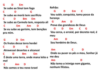 G D Em
Se subo ao Sinai tem fogo
C D G
Se subo ao moriá tem sacrifício
C D Bm Em
Se subo ao Carmelo tem, resposta ali
C Em Am D
Se eu subo ao gerisim, tem bençãos
pra mim.
G D Em
Os frutos dessa terra herdei
C D G
Atravessei desertos e alcancei
C D Bm Em
É deste uma terra, onde mana leite e
mel
C Am D
Nós somos o teu novo Israel
Refrão:
G D Em C
Vou subir, conquista, toma posse da
herança
G Am D
Prova das grandezas de Deus
G D Em C G
Vou cerca, o arraial, por decreto real, é
meu
Am D
Sou herdeiro de Deus.
Am C D
Onde eu puser os pés o meu, Senhor já
me deu
Am D
Não temo o inimigo nem gigante,
nenhum filisteu.
 